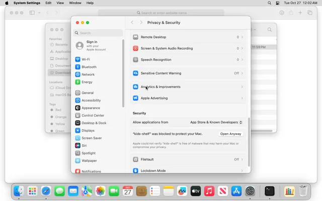 Privacy and Security settings with the Open Anyway button